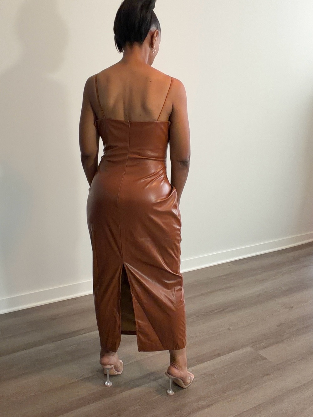 Brown Faux Leather Midi Dress - Picture 4 of 4
